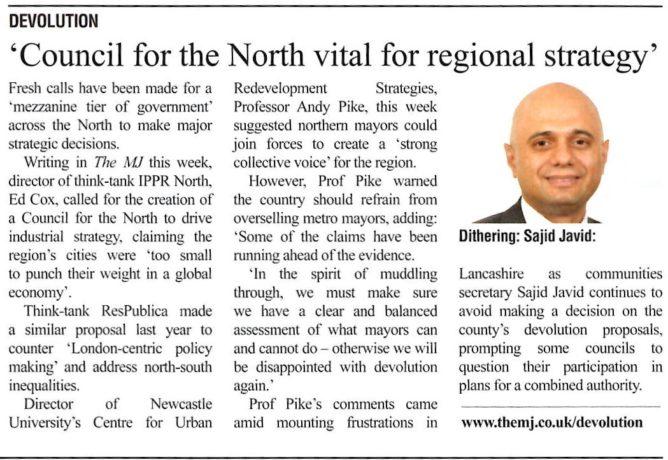 'Council for the North vital for regional strategy' Writing in the MJ this week, director of think-tank IPPR North, Ed Cox, called for the creation of a Council for the North to drive industrial strategy, claiming the region's cities were 'too small to punch their weight in a global economy'. Think-tank ResPublica made a similar proposal last year to counter 'London-centric policy making' and address north-south inequalities.